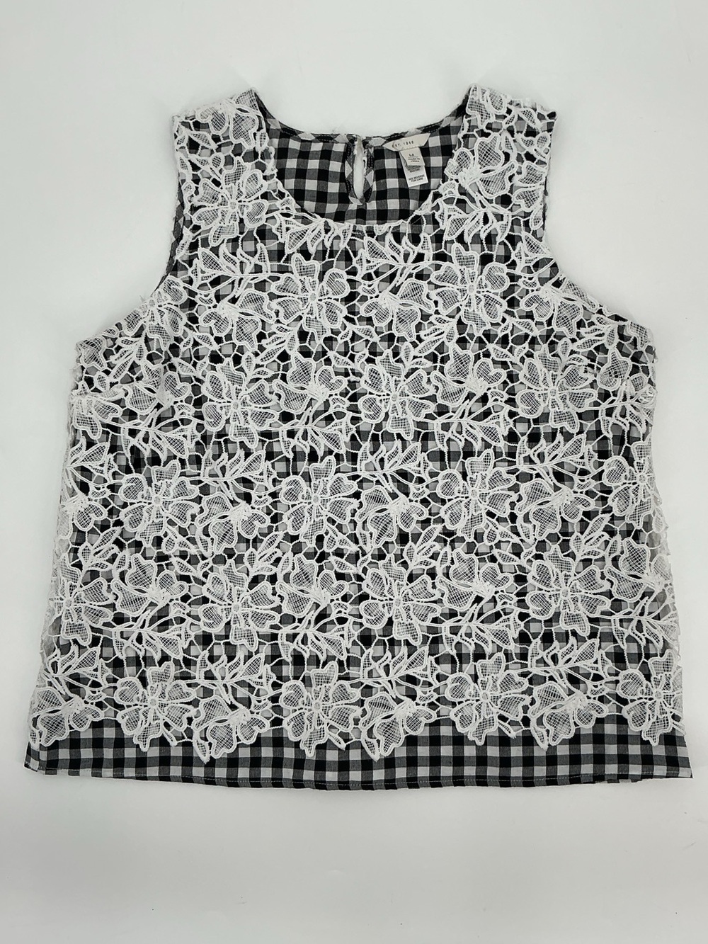 EST. 1948 Black and White Gingham Tank with White Floral Lace Overlay